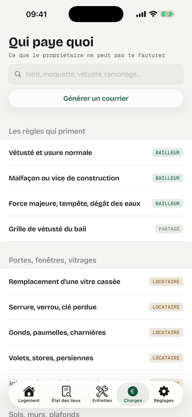 Écran Charges : « Qui paye quoi », un champ de recherche, et les situations classées avec leur pastille locataire ou bailleur.