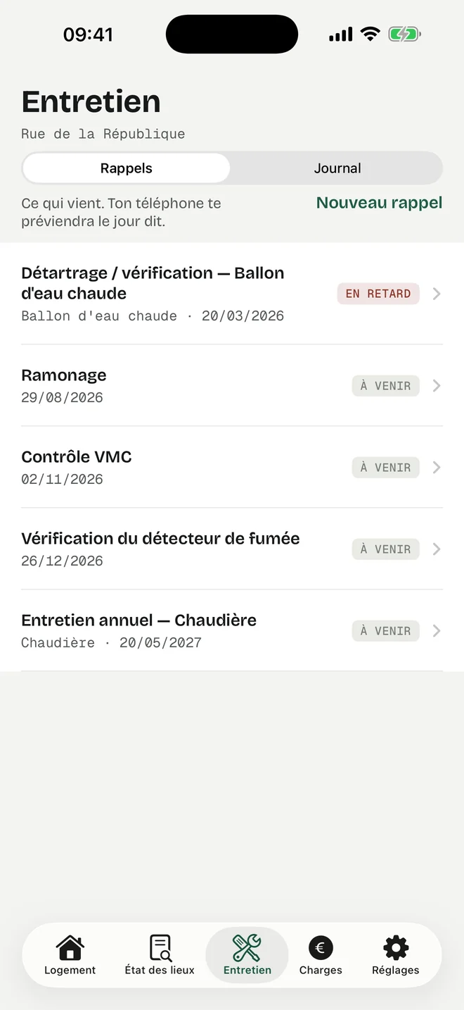 Écran Entretien : les rappels à venir, avec leurs dates et leur état.